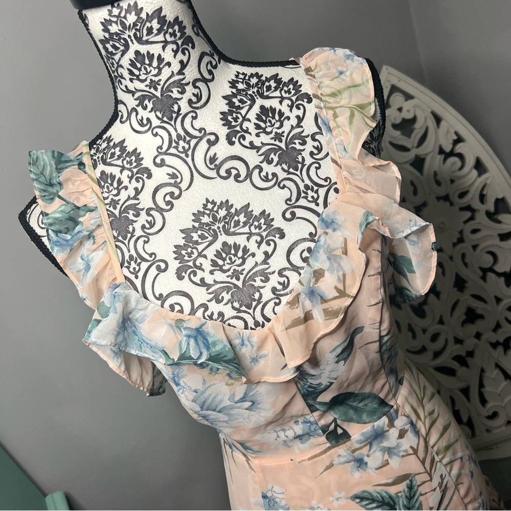 Lulus Sunrise Journey Blush Floral Lace Up Ruffle Mini Dress Size Small - Picture 5 of 16